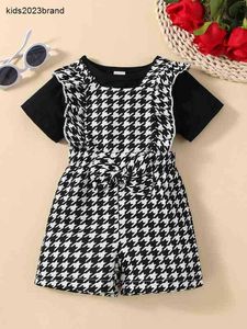 New Baby Solid Tee Houndstooth Ruffle Trim Bow Front Overall Shorts Two piece set Solid color T-shirt and contrasting plaid dress