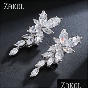 Marquise Cut Cluster Flower Earring Zirconia Crystal Long Dangle Drop Earrings Shiny Leaf Bridal Wedding Jewelry For Drop Del Dhgarden Otrn2
