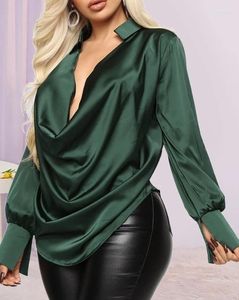 Kvinnors T -skjortor Fashion Woman Blue 2023 Autumn Casual Foundation Versatile Pending Plus Size Satin Cowl Neck Long Sleeve Ruched Shirt