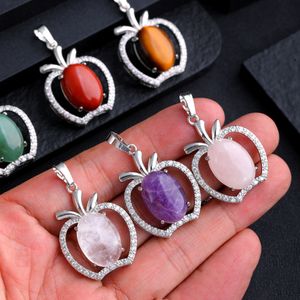 Natural Stone Crystal Carving Oval Apple Charms Tiger Eye Rose Quartz Rhinestone Women Pendants for Necklace Jewelry Making