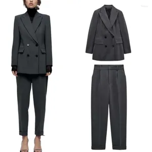 Women's Two Piece Pants Autumn Commuter Double-breasted Long-sleeved Solid Color Suit Coat And Rolled Hem Straight Leg Womens Elegant