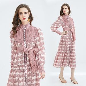 Waist Dress Belted Red Bow Women Maxi Designer Robes Lantern Sleeve Stand Collar Slim Party Elegant Print Dresses 2023 Autumn Winter Chic es