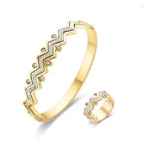 Wedding Rings FYSARA Luxury Geometric Wave Design Waterproof Stainless Steel Zircon Bracelets Serpentine Ring For Women Jewelry Set