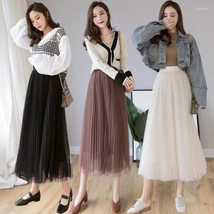 Skirts Ladies Elegant Fashion Large Hem Pleated Long Mesh Black Skirt Women Clothes Girls Cute Chic Casual Faldas Largas BPy6905