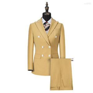 Mäns kostymer män skräddarsydda ljus khaki blazer byxor män set toppade lapel bröllop kläder affärsfest slitage kläder 2 st jacka jacka