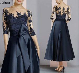 Dark Navy Satin A Line Mother of the Bride Dress with Lace Appliques, Half Sleeves, Bow Belt, and Tea Length for Formal Occasions and Proms - CL2839