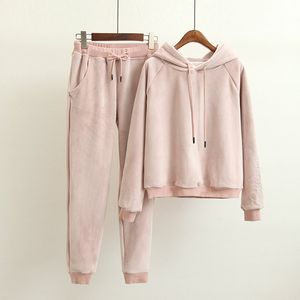 Nowy zestaw z kapturem Sweter Kobiet Pants jesień/zima pluszowy różowy moda swobodny sport dwuczęściowy zestaw mody