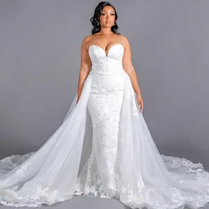 2023 Nov Arabic Aso Ebi Plus Size White Mermaid Lace Wedding Dress Detachable Train Vintage Bridal Gowns Dresses ZJ044