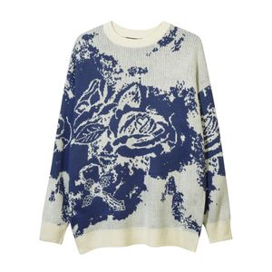 High Street Tie Dyed Roses Knitted Sweaters Woman Loose Oversize O-Neck Collar Full Sleeve Casual Tops