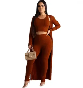 Kvinnors tvåbitar byxor Solid Color Knit Lady Outfit Crop Tank Top och Pencil Long Loose Robe 3 Set Casual Sexy Suit