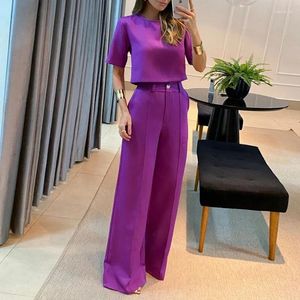 Women's Two Piece Pants Office Outfits Fashion Solid Color Casual Wide-leg Short Sleeves Blouses Suits Elegant Commuting Summer Sets For