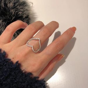 Anéis de casamento strass grande coração pêssego para mulheres brilhante oco amor anel aberto cor prata estética geométrica jóias presente