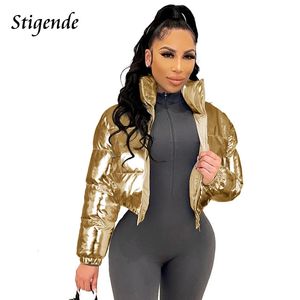 Women's Down Parkas Stigende Shiny Cotton Padded Golden Coat Women Winter Warm Zipper Crop Top Jacket Patchwork Puffer Parka Outwear Veste Femme 231027