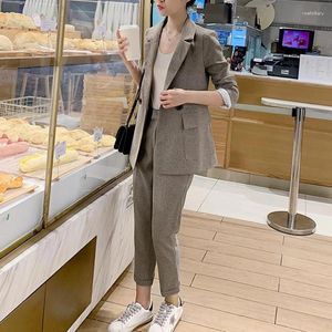 Women's Two Piece Pants Grey Women Slim Suit Set Causal Office Ladies Work Wear OL Pant Suits Formal Female Blazer Jacket Trousers 2 Pieces