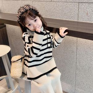 Clothing Sets 2023 Kids Sweater O-neck Collar Full Sleeve Pullover Striped Wide Leg Pants Ankle Length Solid Soft Autumn Children Girls