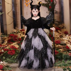 Glänzendes Mädchen-Festzugkleid, Ballkleid, gerüscht, Blumenmädchen-Geburtstagsparty-Kleid, Halloween-Kinderkleid, Cosplay, kleiner Teufel, Mädchen, Kindergarten-Performance-Kleid