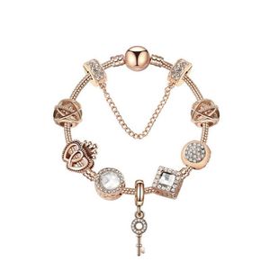 Original Pandoras 925 Silver Rose Gold Crystal Lock Pendant Bracelet DIY Beads Charm Safety Chain Bracelets Jewelry Holiday Gift226w