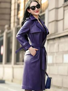 Kvinnors skinnjacka 2023 Autumn Office Ladies Belted Soft Sheepskin Long Trench Coat Women Luxury Elegant äkta Whit