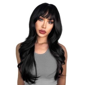 yielding Synthetic Wigs Wig Women's Fashion Chemical Fiber Head Cover Black Straight bangs Long curly hair with large waves and multiple layers