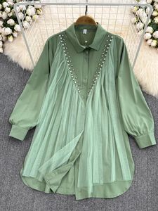 Women's Blouses Spring Women Loose Shirt Ladies Cover Belly Stitching Mesh Beaded Straight Long Length Blouse Casual Lantern Sleeves Top