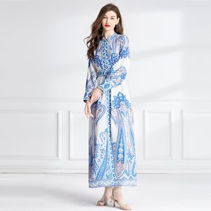 Vintage Print White Maxi Dress Robe Women Designer Paisley Floral Elegant Fit Party Bohemian Dresses 2023 Autumn Winter Runway Stand Collar Slim Vacation Frocks