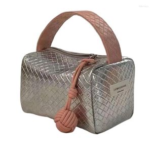Cosmetic Bags Silver Pink Color Matching Woven Pattern 2023 Hand Bag Small Portable Storage Organizing Folder