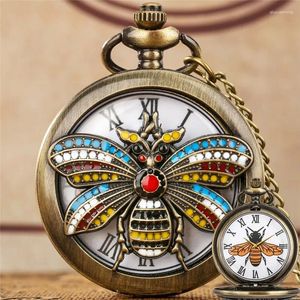 Pocket Watches Bronze Watch Hollow Out Animal Bee Cover Men Women Quartz Analog klocka Romerskt nummer Dial Fob Sweater Chain timepiece