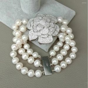 Bangle Hand knuten 3 rad 8-9mm vitt sötvatten pärlarmband 20 cm mikro inlagd zirkonblommor lås för kvinnor mode smycken