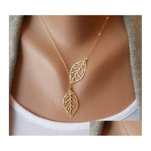 Anhänger Halsketten Einfache Europäische Neue Mode Vintage Punk Gold Hohl Zwei Blatt Blätter Halskette Schlüsselbein Kette Charme Schmuck Frauen Dro DHR64