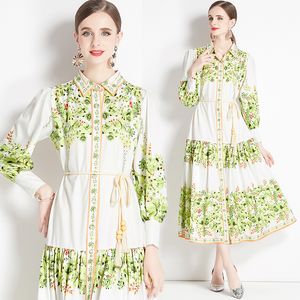 Vintage impressão mulheres maxi vestido designer robes manga longa magro cinto arco férias boho vestidos outono inverno casual pista lapela festa magro ruched babados vestidos