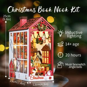 Intelligens Toys Christmas Book Nook Doll House 3D Puzzle With Sensor Light Dust Cover Music Box Ideas Bookhelf Insert för 231027