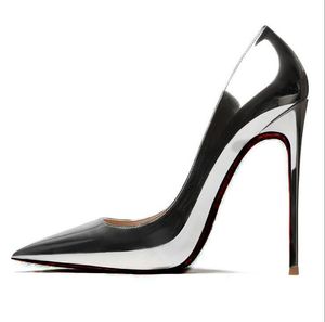Pumpar kvinnor skor röd glänsande botten spetsiga tå svarta höga klackar skor tunn klack 8 cm 10 cm 12 cm sexiga bröllopskor stor storlek 35-44