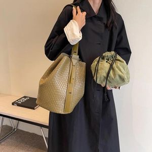 Evening Bags Two-Piece Leather Bucket Bag Woven Pattern Women's Tote Fashion Single Shoulder Crossbody Drawstring Female Handbags