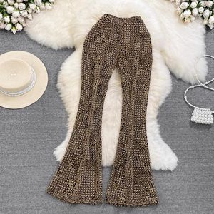 Kvinnors byxor Chic Women 2023 Sequined Beading Patchwork Flare Pant For Woman Performance Costume Womens Capris Kvinnlig mode Dropship