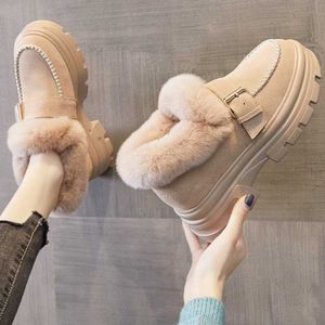 Botas de inverno femininas nevado novo outono inverno versátil pele de couro integrado curto com solas espessadas mangas