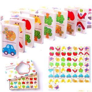 Blocos 28 pcs De madeira Domino Fruta Animal Reconhecer Dominó Jogos Jigsaw Montessori Crianças Aprendendo Educação Puzzle Brinquedo Do Bebê 23051 Dhmxm