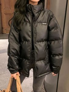 Mulheres para baixo parkas zoki streetwear y2k mulheres pu inverno grosso couro preto inchado casacos moda algodão quente feminino chique zíper jaqueta 231027