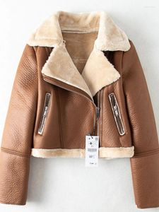 Couro feminino inverno marrom jaqueta falsa pele quente curto casaco motociclista streetwear moto cordeiro jaquetas casacos