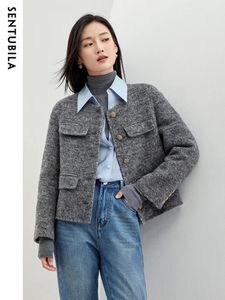 Women's Wool Blends Sentubila Winter Wool Blend Coats for Women Round Neck Long Sleeve Double-faced Woolen Cropped Jacket Elegant Outerwear 231027