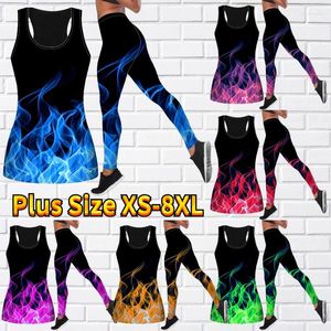 Women's Leggings Yoga Set Fashion Blue Flame Printing Training Tights Fitness Pants Tank Top XS-8XL
