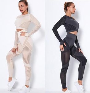 Completi da yoga Set da allenamento per donna 2 pezzi Completo senza cuciture Tuta Leggings a vita alta e top corto Abbigliamento da palestra3855826