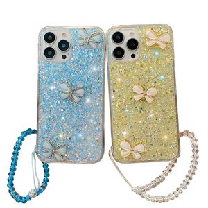 Glitter Rhineston Apple Phone Cases Luxo Celular Capas traseiras para iPhone 15 14 13 12 Pro Max Plus Borboleta Capas protetoras Crystal Beads Chain Wrist Band