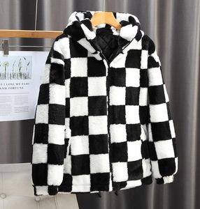 F1168 Fleece Mens Jacket Black White Plaid Long Sleeve Hooded Zip Up Designer Jacket Men Coat