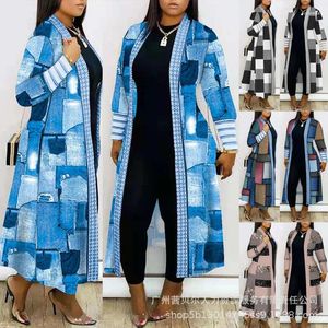 Mulheres Trench Coats Plus Size Denim Look Imprimir Frente Aberta Longline Casaco Mulheres Cardigan Manga Longa Moda Solta