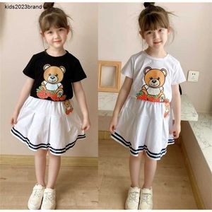 Novo bebê crianças verão dos desenhos animados bonito conjuntos topo + saias 3-8t boneca impresso manga curta vestido camiseta