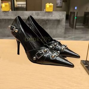 Schnalle Gürtel Strass Dekoration Formelle Damen Leder Spitze Dünne Schuhe mit hohen Absätzen Party Schwarz Designer 9CM Pumps Hoch