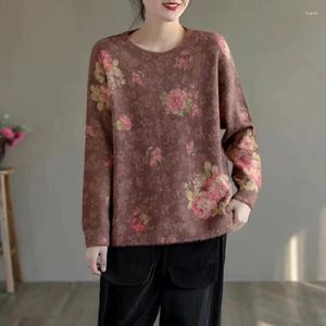 Women's Sweaters 102902 Vintage Floral Pattern Cotton Sweater Female Fall Winter Clothing Loose Casual Literary Style Temperament Women