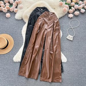 Kvinnor Pants Clothland Kvinnor Stylish Pu Leather Zipper Pleated Wide Ben Byxor Retro fotledslängd Mujer KA400