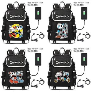 Mochila jogo cuphead mugman lona packsack adolescentes zip mochila unisex carregamento usb ombros viagem saco do portátil cartoon277m