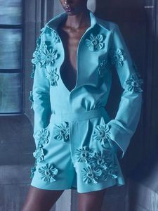 女性用トラックスーツBevenccel2023 Wear Sky Blue Embroidery FlowerSingle Row Button Officeファッションショーツカジュアルセット